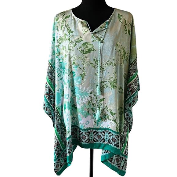 Susan Graver Women’s Printed Charmeuse Scarf Top Teal Size XL Boho Lightweight - Picture 1 of 8